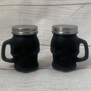 Black Glass Skeleton Skull Salt and Pepper Shaker Set with Handles 3 1/4"H